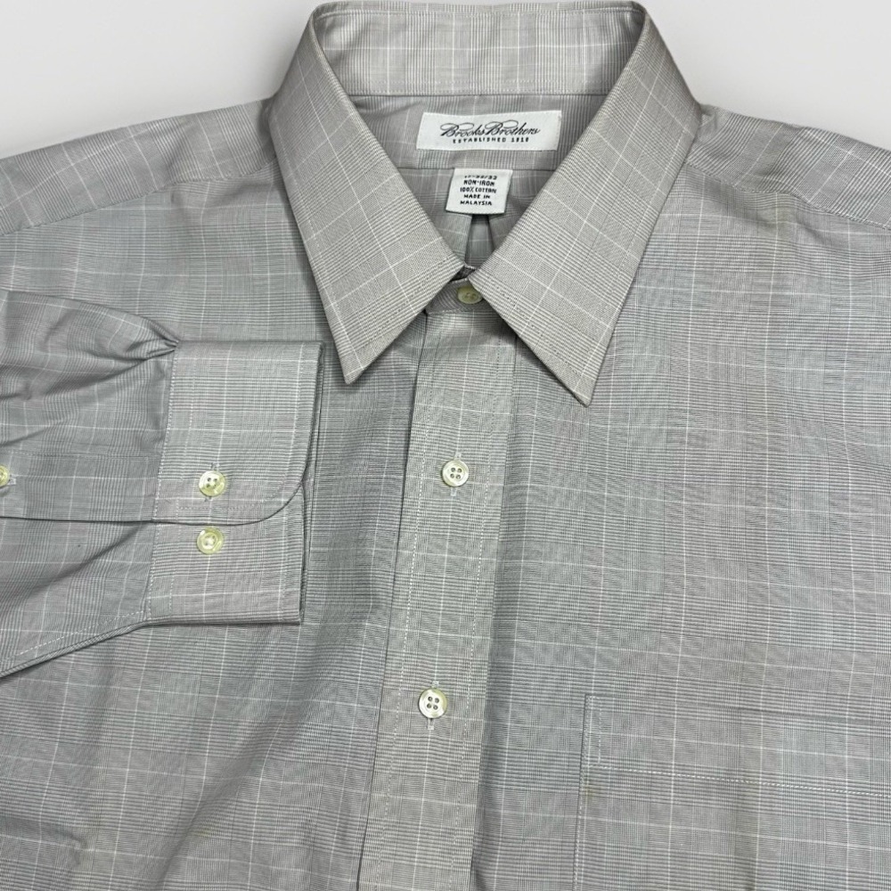 Brooks Brothers Dress Shirt Men XXL 17-32/33 Gray Plaid Pocket Cotton Non-Iron